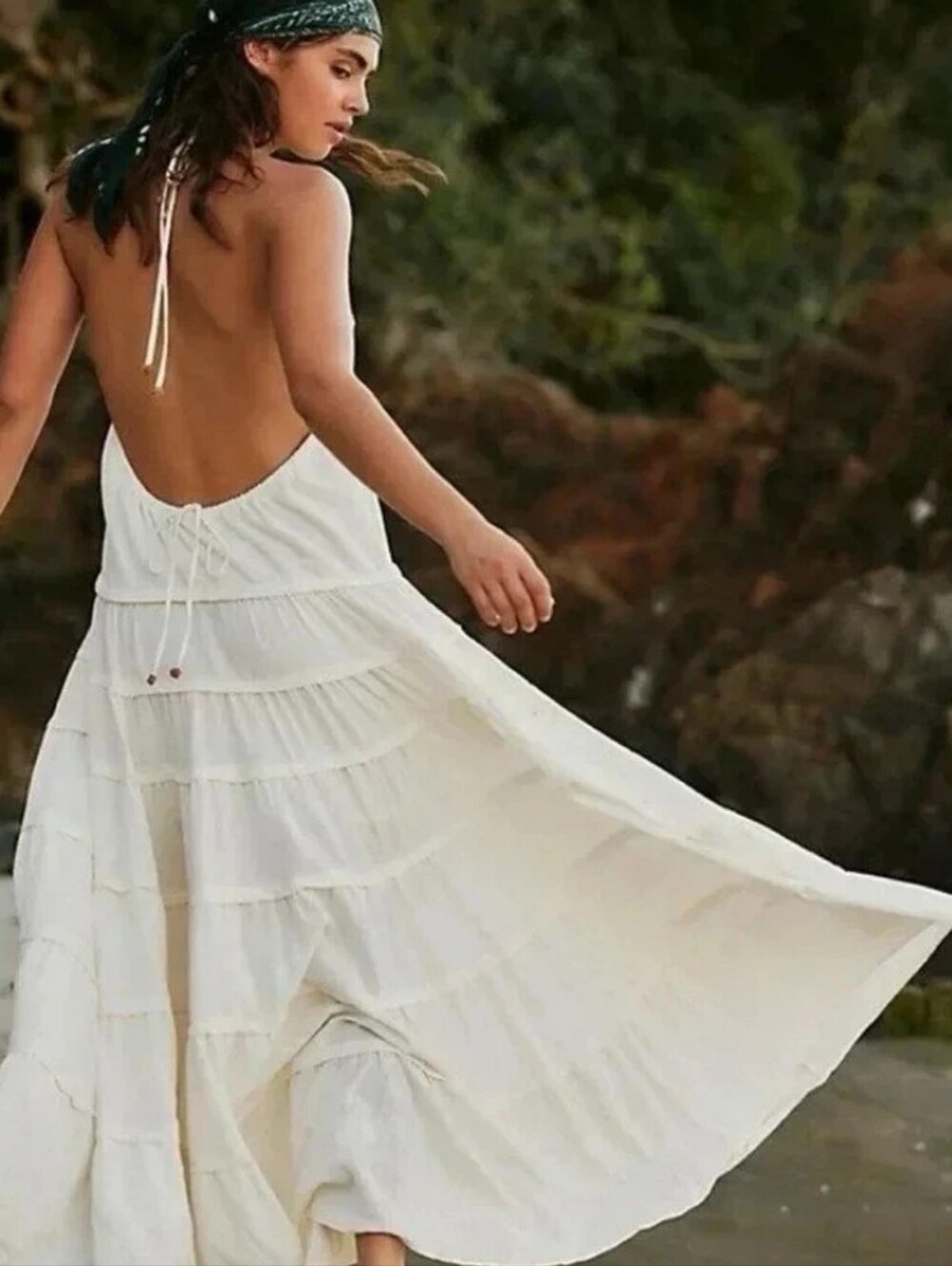 Free People Women's Cream Somewhere Sunny Dropwaist Boho Halter Dress Sz M NWT - Picture 3 of 8